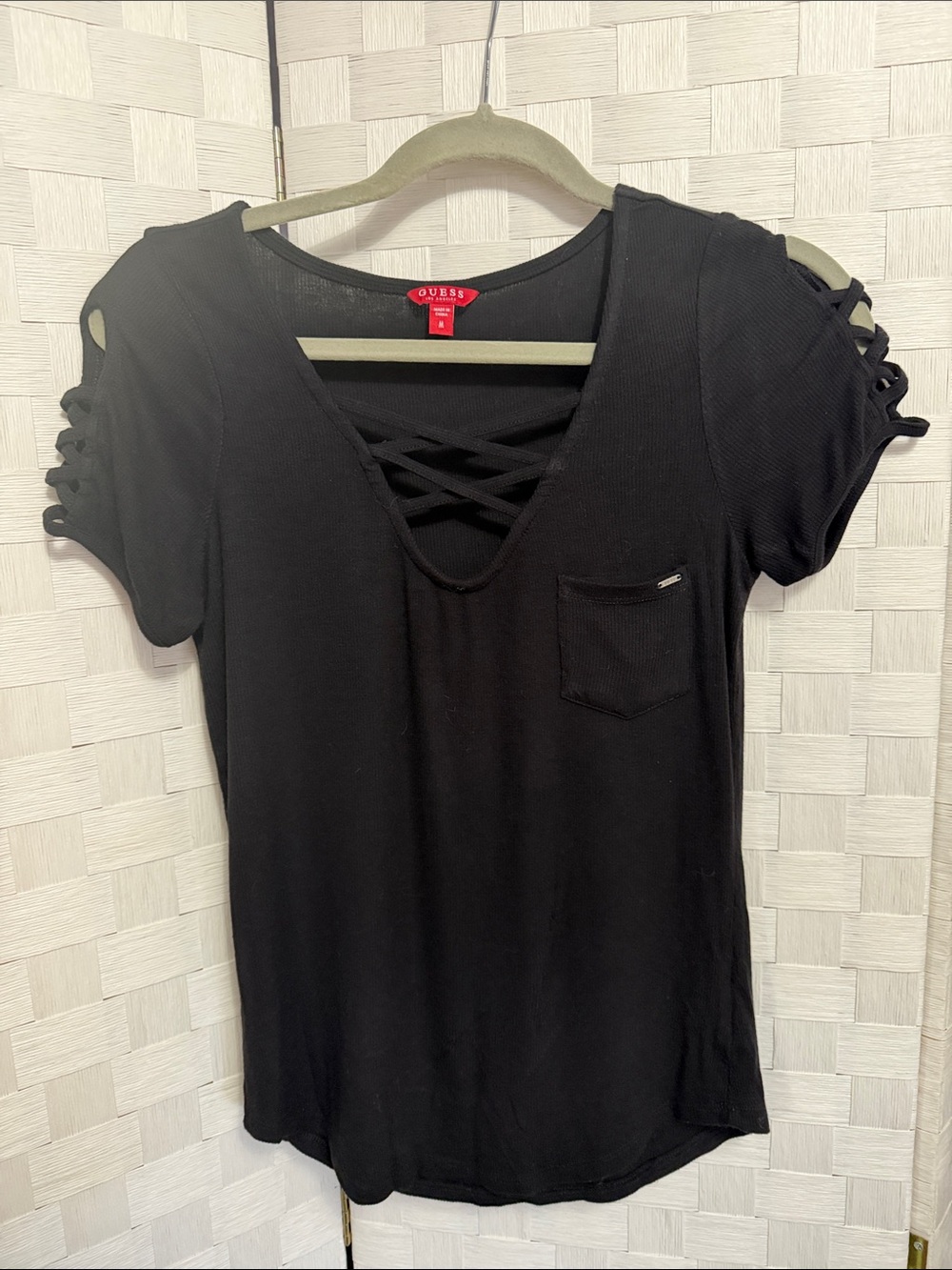 GUESS Black Lattice V-Neck Short Sleeve Tee with Pocket